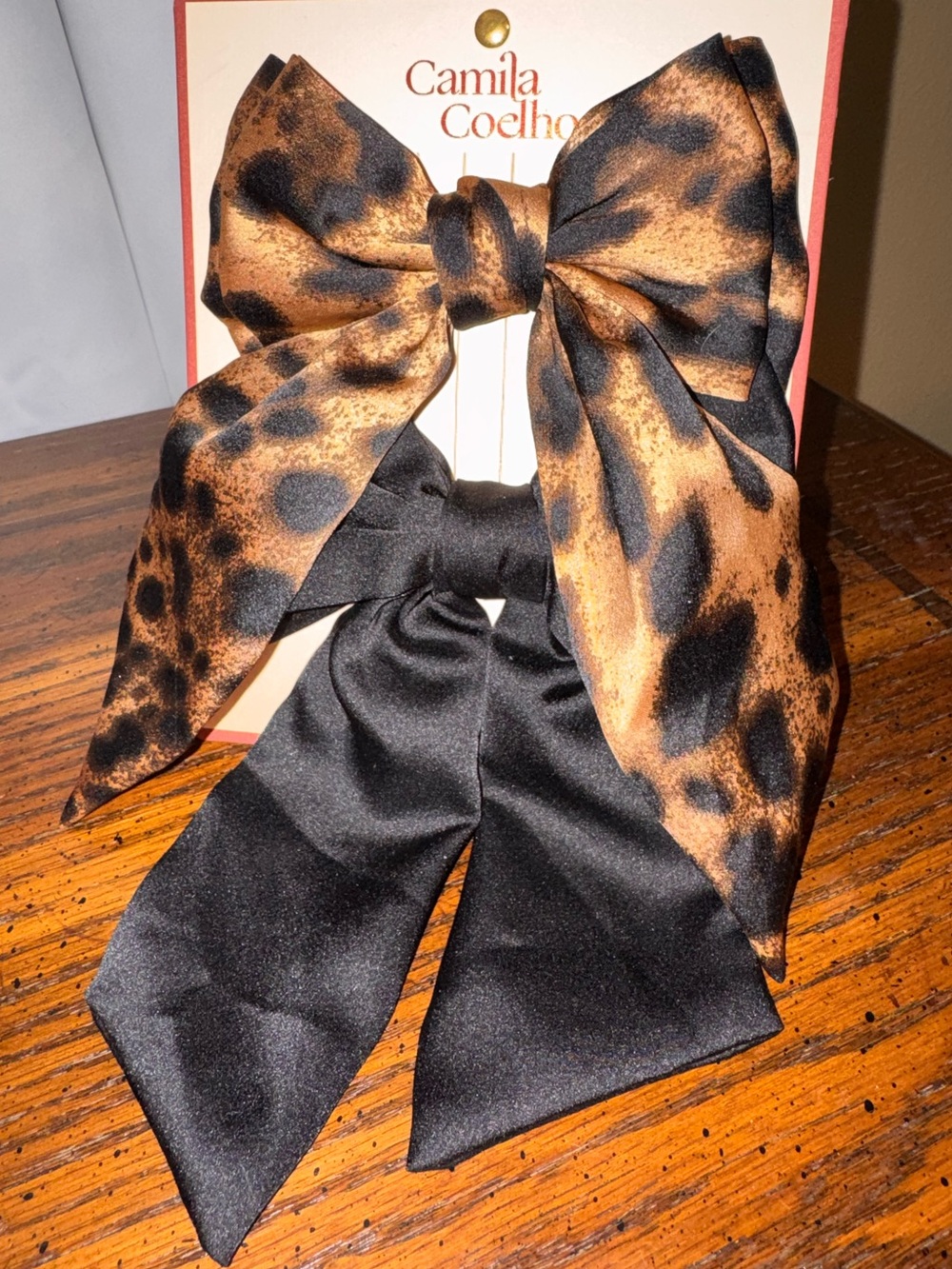 Camila Coelho Satin Hair Bow Barrette Set Leopard Black NWT